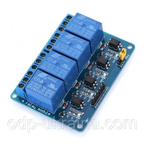 Модуль Реле 4х канальное 5 Вольт 10 Ампер для Arduino